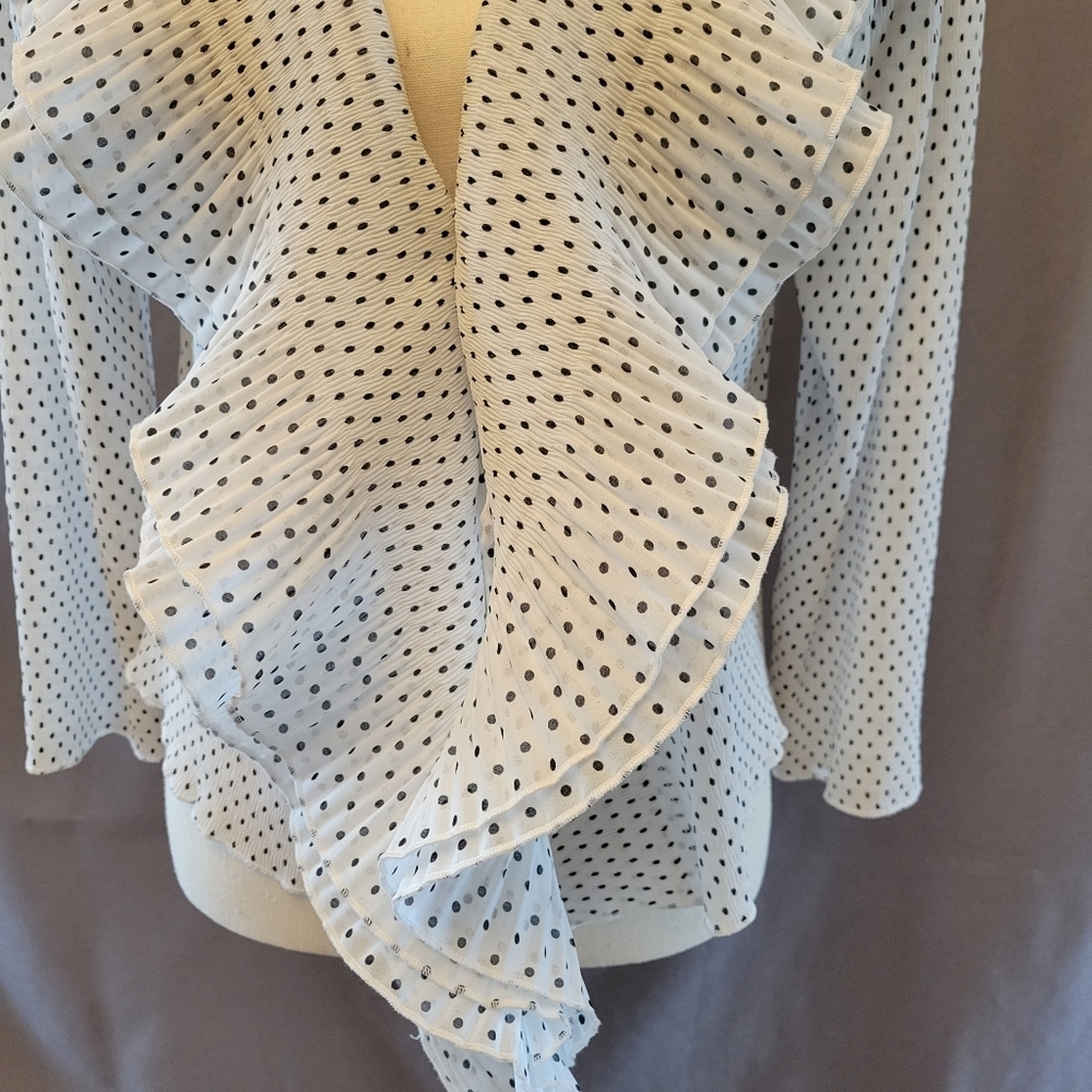 Caelian Top Womens Medium Long Sleeve Blouse White Black Ruffled Tie - Picture 3 of 12